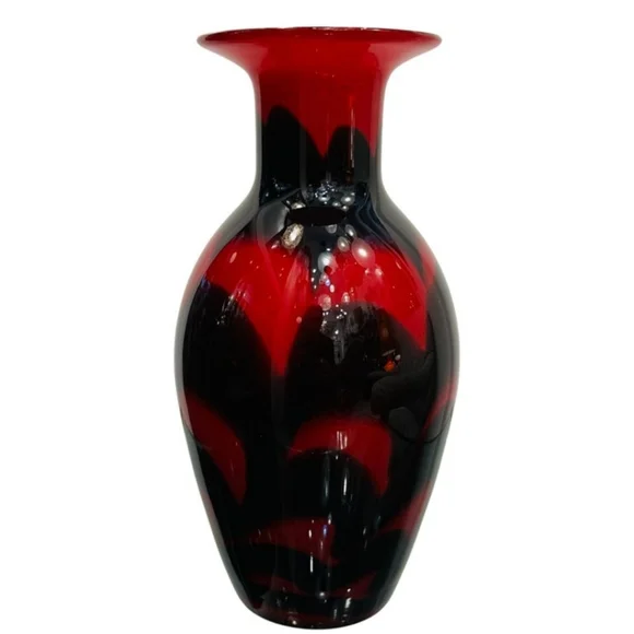 Vintage 1950s Murano Hand-Blown Red & Black Art Glass Vase – 9.5